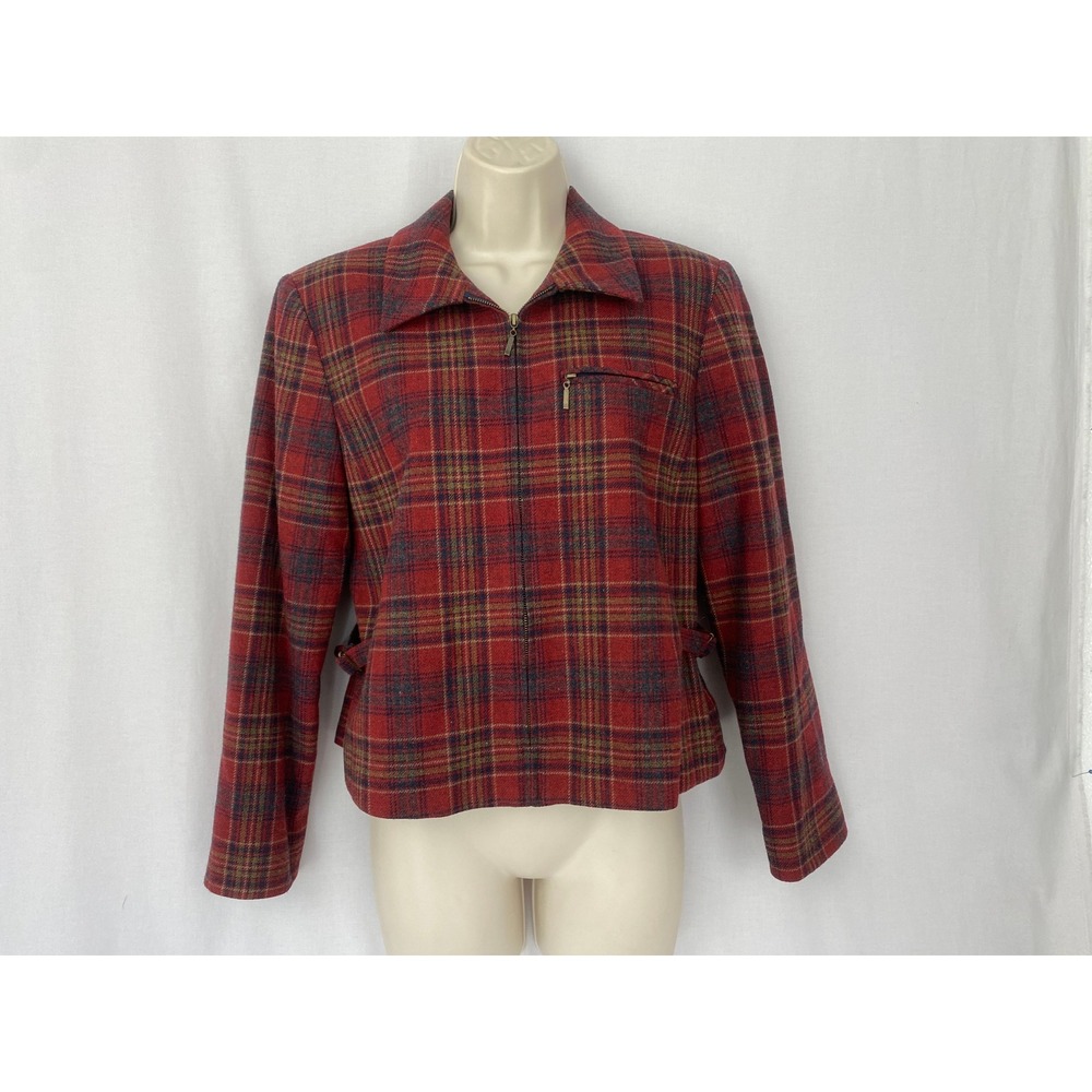 Vintage Pendleton Tartan Plaid Wool Jacket Womens 8P Red Zip Up Petite Academia